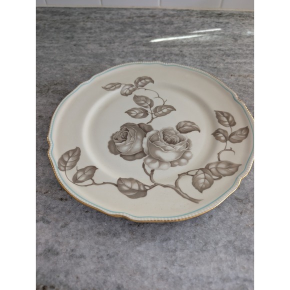 CASTLETON Vintage Gloria Dinner Plate Pearl Edge Taupe Roses With Turquoise Line - Picture 1 of 9
